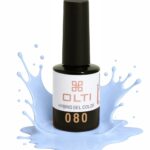 Nail polish bottle with black cap and label 'OLTI' surrounded by a light blue paint splash.
