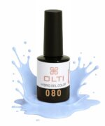 Nail polish bottle with black cap and label 'OLTI' surrounded by a light blue paint splash.