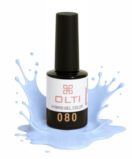 Nail polish bottle with black cap and label 'OLTI' surrounded by a light blue paint splash.