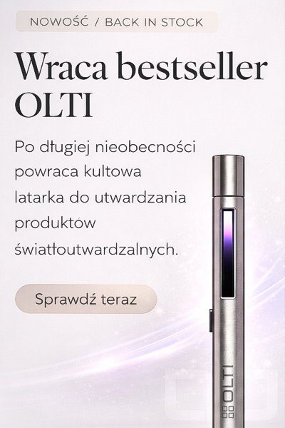 Reklama bestseller OLTI: srebrna latarka UV do utwardzania produktów, fioletowe światło, we wnętrzu jasny efekt świetlny. Sprawdź teraz.