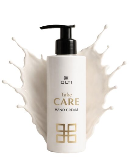 White pump bottle labeled 'OLTI Take CARE Hand Cream' with a cream splash backdrop, illustrating product packaging for skincare.