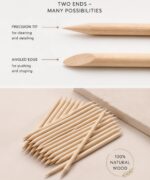 Infographic about pencils: precision tip for detailing and an angled edge for shaping, with a bundle of natural wood pencils below and a '100% natural wood' badge.