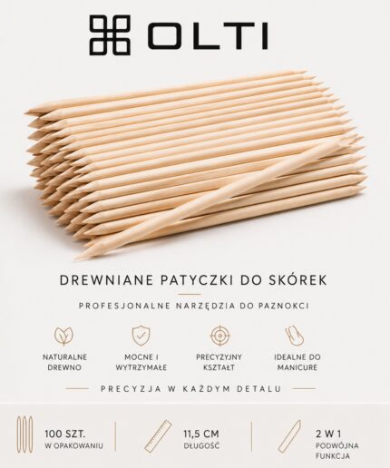 Stack of natural wooden cuticle sticks with OLTI logo, advertising professional manicure tools (Polish text).