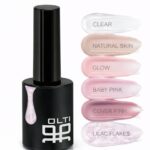 Black nail polish bottle beside a vertical row of pastel swatches labeled Clear, Natural Skin, Glow, Baby Pink, Cover Pink, Lilac Flakes.