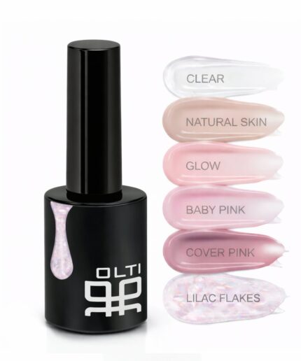 Black nail polish bottle beside a vertical row of pastel swatches labeled Clear, Natural Skin, Glow, Baby Pink, Cover Pink, Lilac Flakes.