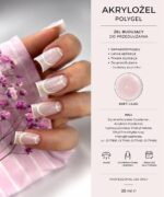 Hand displaying lavender-pink gel nails with white French tips beside pink flowers; right panel shows product labeling 'AKRYLOŻEL POLYGEL', 'SOFT LILAC', usage features and icons indicating UV/LED, extending and durability.