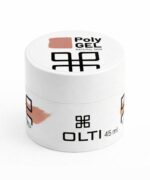 White jar of Poly Gel nail product labeled OLTI 45 ml, with a peach swatch and black logo on the lid. Quick visual: branding reads Poly Gel Natural Skin.