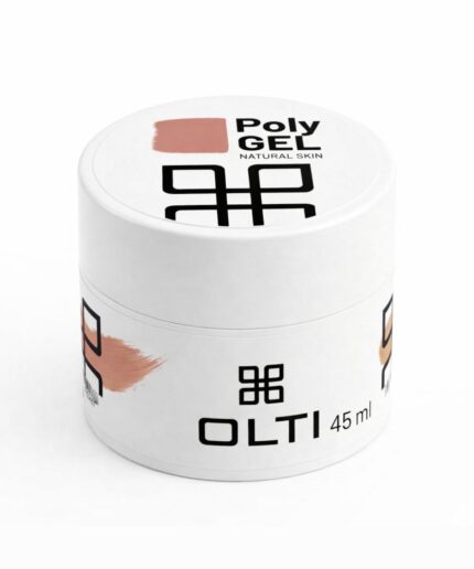 White jar of Poly Gel nail product labeled OLTI 45 ml, with a peach swatch and black logo on the lid. Quick visual: branding reads Poly Gel Natural Skin.