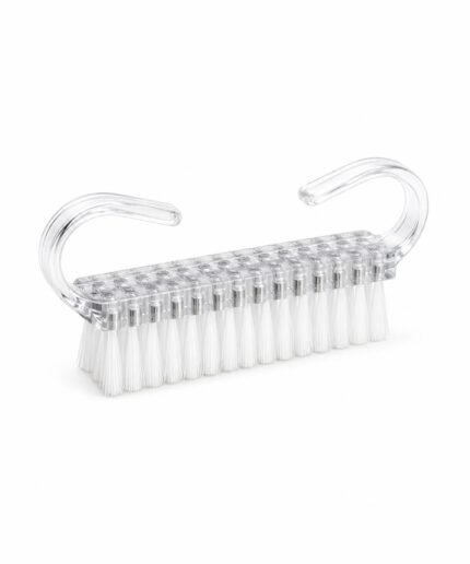 Clear plastic bottle brush with curved hooks on both ends and dense white bristles for cleaning narrow bottles; transparent and simple design.