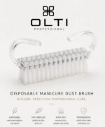 OLTI Professional disposable manicure dust brush with curved clear handle and white bristles used for grooming nails