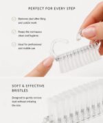 Clear plastic cleaning brush being used to remove dust, with bullet-point benefits about nail filing steps and clean workspace on the side (soft, effective bristles).