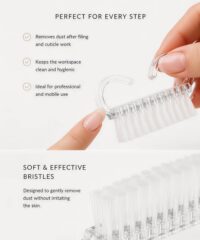 Clear plastic cleaning brush being used to remove dust, with bullet-point benefits about nail filing steps and clean workspace on the side (soft, effective bristles).