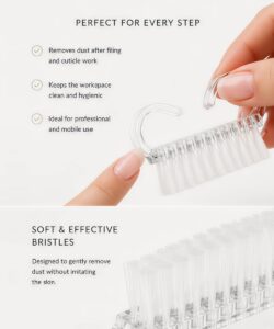 Clear plastic cleaning brush being used to remove dust, with bullet-point benefits about nail filing steps and clean workspace on the side (soft, effective bristles).