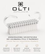 Clear acrylic brush with curved handles and brand name OLTI above; a professional nail dust brush advertisement.