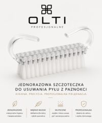 Clear acrylic brush with curved handles and brand name OLTI above; a professional nail dust brush advertisement.