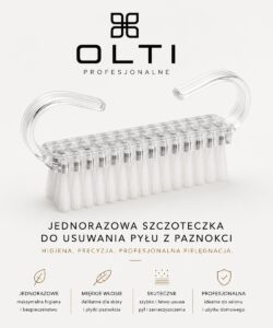 Clear acrylic brush with curved handles and brand name OLTI above; a professional nail dust brush advertisement.