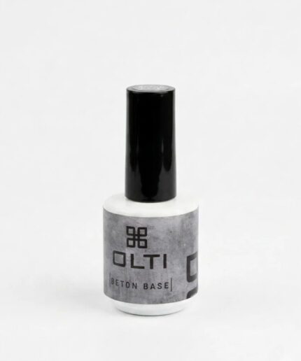 White nail polish bottle with a tall black cap and a gray label reading 'OLTI' and 'BETON BASE'.