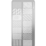 Metal nail-art stamping plate with 16 geometric pattern grids (stripes, waves, swirls) and brand name along the edge.