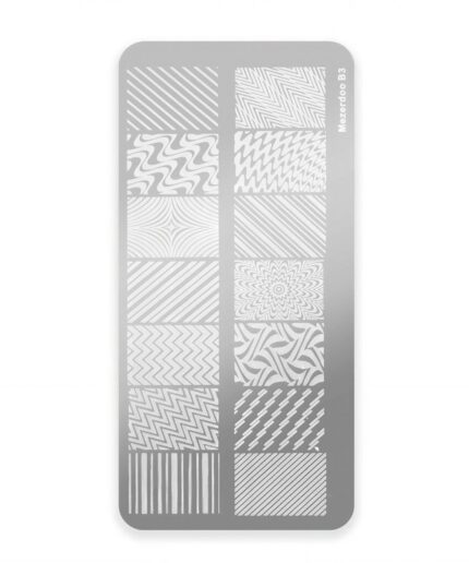 Metal nail-art stamping plate with 16 geometric pattern grids (stripes, waves, swirls) and brand name along the edge.