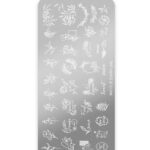 Nail art stamping plate with white floral sketches and script phrases on a gray curved rectangle background.