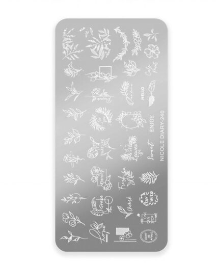 Nail art stamping plate with white floral sketches and script phrases on a gray curved rectangle background.