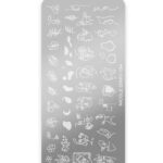 Stencil sheet with white line drawings of flowers, leaves, and abstract shapes on a gray rounded rectangle; vertical text reads 'NICOLE DIARY-184' along the right edge.
