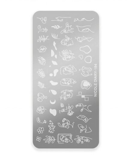 Stencil sheet with white line drawings of flowers, leaves, and abstract shapes on a gray rounded rectangle; vertical text reads 'NICOLE DIARY-184' along the right edge.
