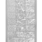 Gray stencil plate showing a grid of white crackle and marbled texture squares, with XY-CF007 printed along the right edge