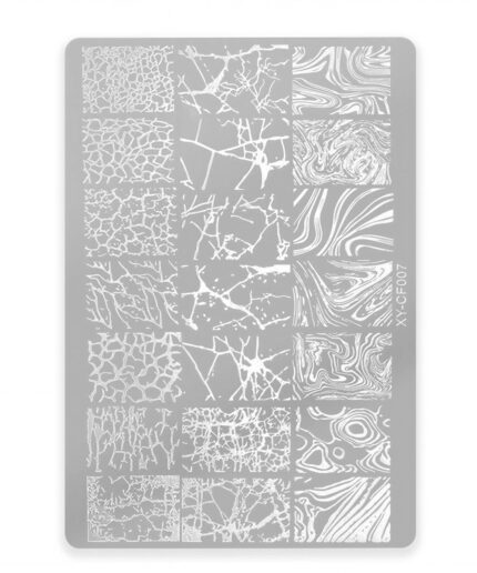 Gray stencil plate showing a grid of white crackle and marbled texture squares, with XY-CF007 printed along the right edge