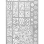 Nail art stamping plate with many white floral patterns in square blocks and circular mandalas on a gray plate (model XY-CF003).