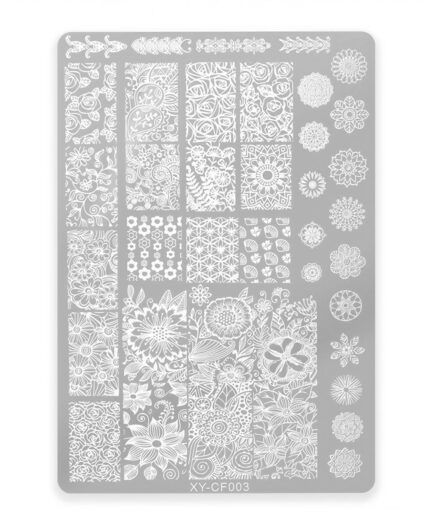 Nail art stamping plate with many white floral patterns in square blocks and circular mandalas on a gray plate (model XY-CF003).