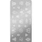 Gray rounded-rectangle panel with numerous overlapping white triangle outlines in varying sizes and orientations; vertical label MouTeen-003 along the right edge.