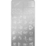 Silver rectangular nail stamping plate with rounded corners showing multiple etched patterns (dots, swirls, shapes, animals) and the code QC-148 along the side.