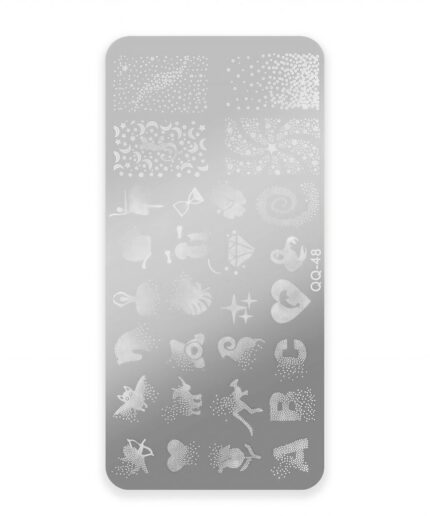 Silver rectangular nail stamping plate with rounded corners showing multiple etched patterns (dots, swirls, shapes, animals) and the code QC-148 along the side.