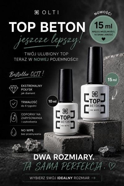 Polish ad for Top Beton nail polish in two sizes (10 ml and 15 ml), two white bottles with black caps on concrete blocks against a dark backdrop.