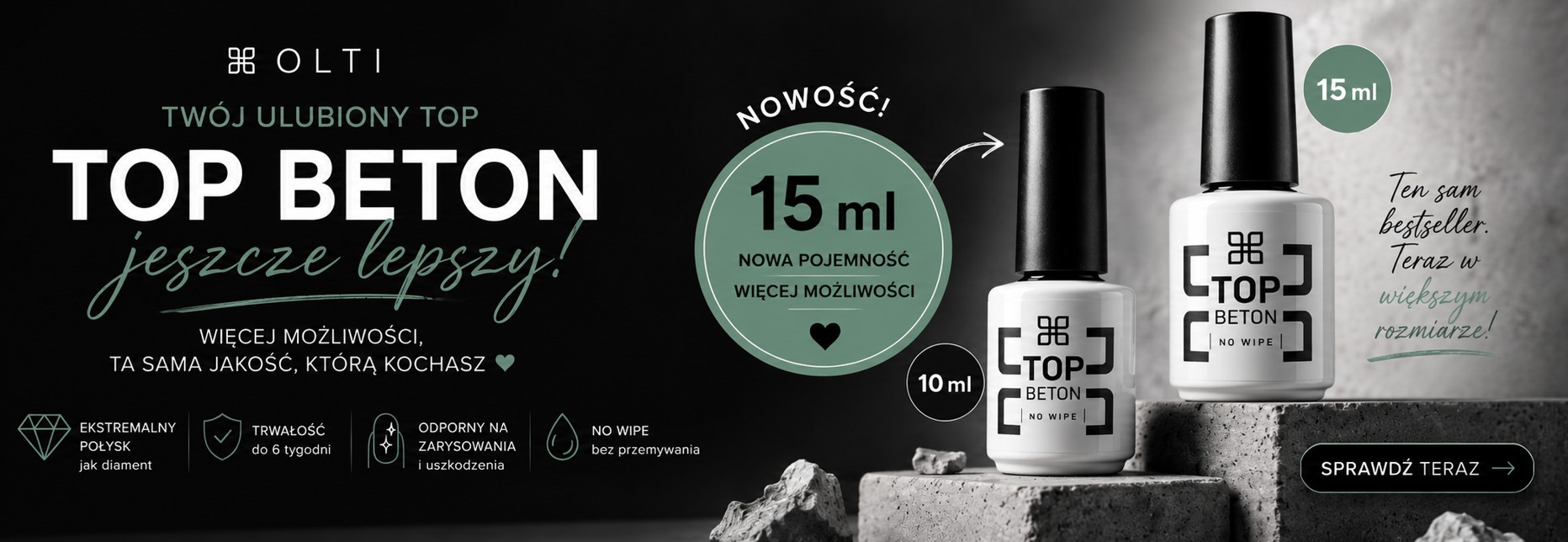 Advertisement banner for OLTI Top Beton nail polish promoting a 15 ml size, with two white bottles on a dark background.