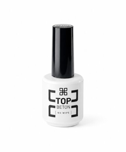 White bottle of Top Beton nail polish with a tall black cap on a white background, reading 'Top Beton No Wipe' on the label.