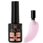 OLTI gel brush nail polish bottle with black cap and pink label, plus a pink gel swatch beside it.
