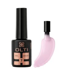 OLTI gel brush nail polish bottle with black cap and pink label, plus a pink gel swatch beside it.