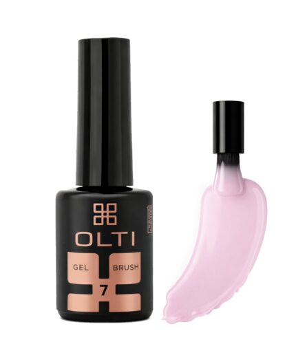 OLTI gel brush nail polish bottle with black cap and pink label, plus a pink gel swatch beside it.