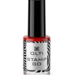 OLTI Stamp Go nail polish bottle with red polish, silver label, and zebra-striped design