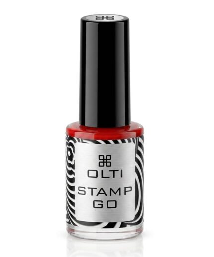 OLTI Stamp Go nail polish bottle with red polish, silver label, and zebra-striped design