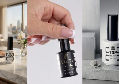 Triptych showing a TOP BETON No Wipe nail top coat bottle: on a marble counter with a magazine and orchid, a hand applying the product, and a close-up near a metal surface.
