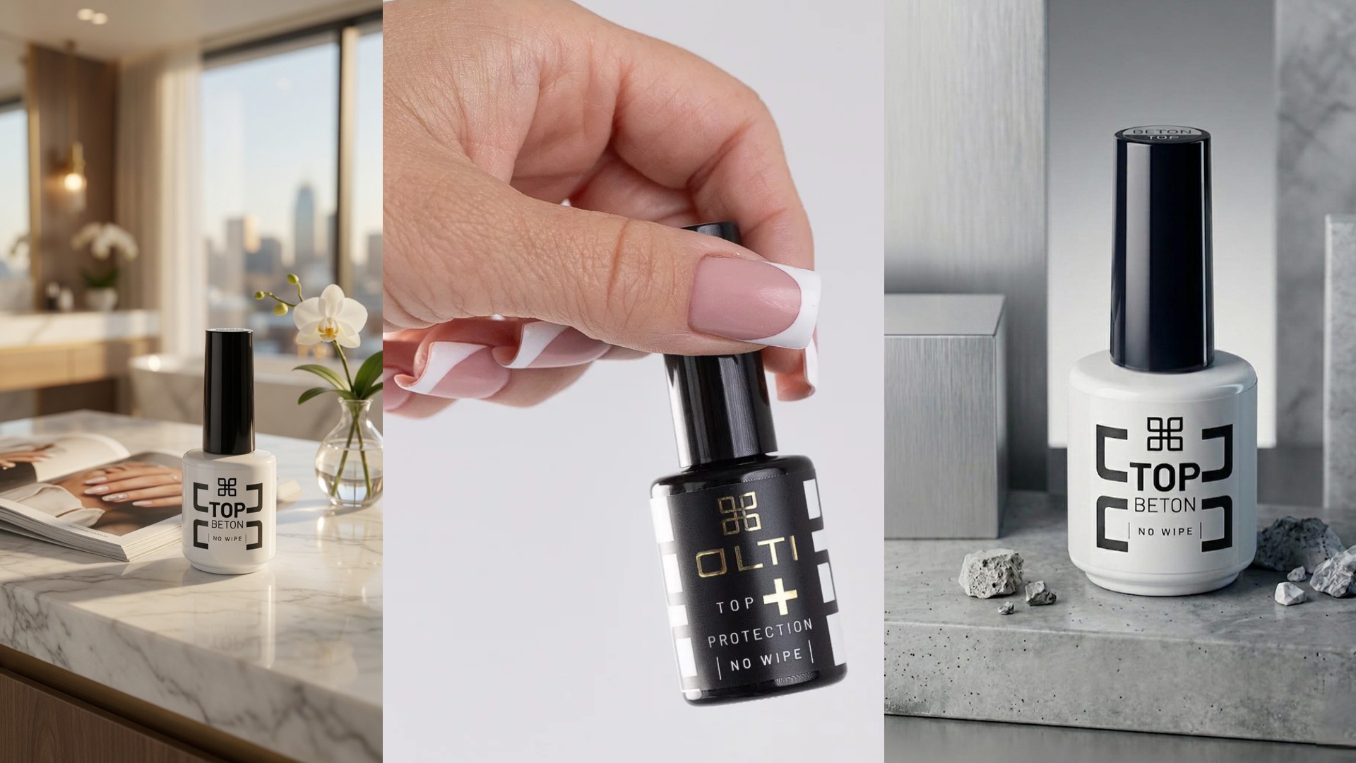 Triptych showing a TOP BETON No Wipe nail top coat bottle: on a marble counter with a magazine and orchid, a hand applying the product, and a close-up near a metal surface.