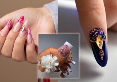 Close-up collage of manicured nails and jeweled jewelry: pink-nude acrylic nails, rhinestone accents, and a crystal-adorned nail on a dark blue base with gold beads.