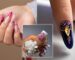 Close-up collage of manicured nails and jeweled jewelry: pink-nude acrylic nails, rhinestone accents, and a crystal-adorned nail on a dark blue base with gold beads.