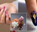 Close-up collage of manicured nails and jeweled jewelry: pink-nude acrylic nails, rhinestone accents, and a crystal-adorned nail on a dark blue base with gold beads.