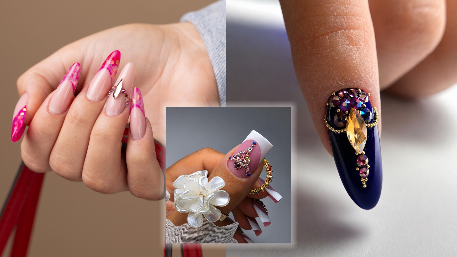 Close-up collage of manicured nails and jeweled jewelry: pink-nude acrylic nails, rhinestone accents, and a crystal-adorned nail on a dark blue base with gold beads.