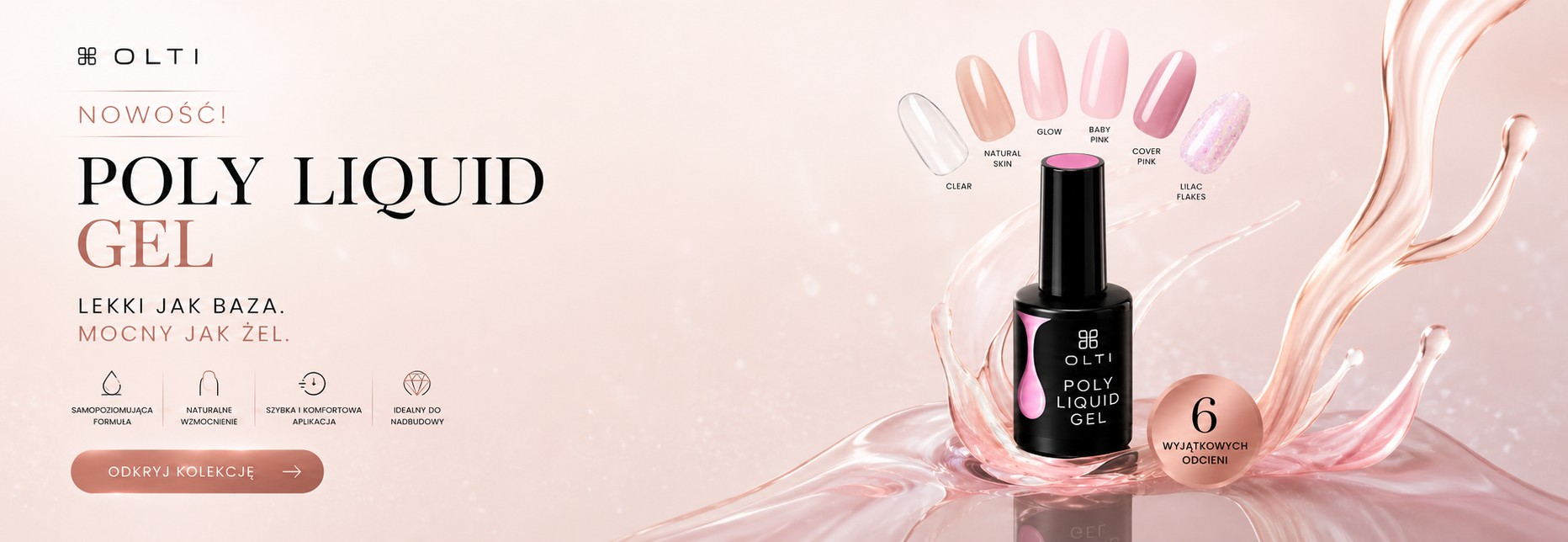 Promotional banner for OLTI Poly Liquid Gel nail polish with six pink shades and a black bottle on pale pink background.