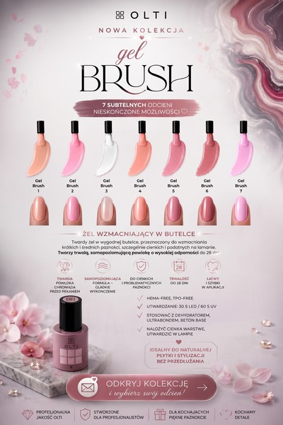Olti gel Brush new collection banner showing seven pastel gel nail shades with swatches and branding at the top (advertisement).
